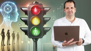 Matthias Brack mit Laptop vor digitaler Ampel und KI-Visualisierung – Symbol für automatisierte Entscheidungsprozesse im Vertrieb durch Künstliche Intelligenz.